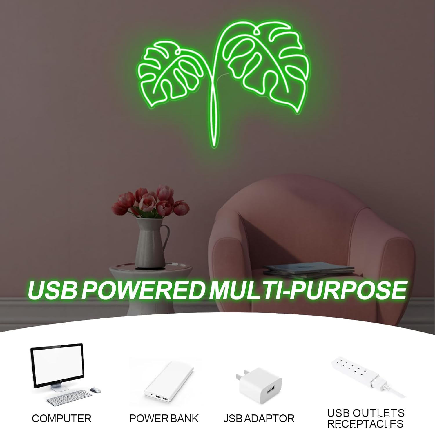 Monstera Leaf Neon Sign USB Po - Outdoor Power And Plant 评论和价格